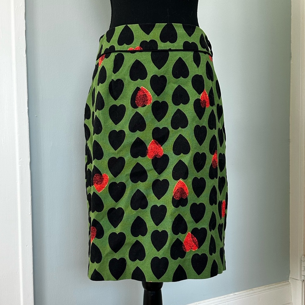 Maeve Green Pencil Skirt with Black Hearts and Red Accent Hearts